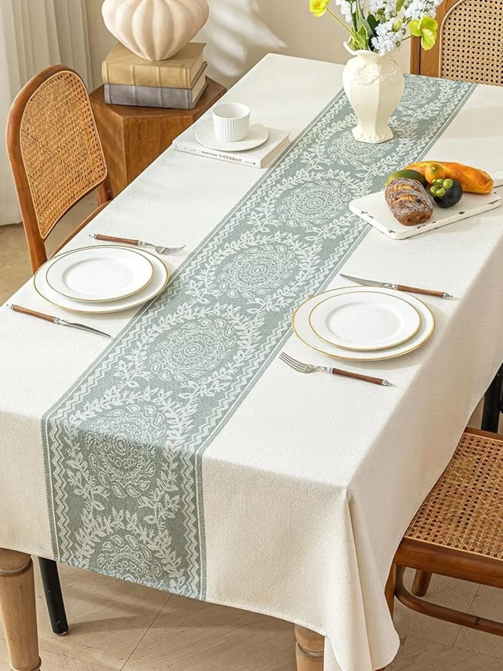 Sage Green Botanical Pattern Table Runner Linen Tablecloth 55 X 102